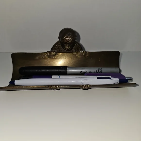 Vintage Dango Pen Tray, Bronze Monkey Pen Holder - Picture 3 of 11